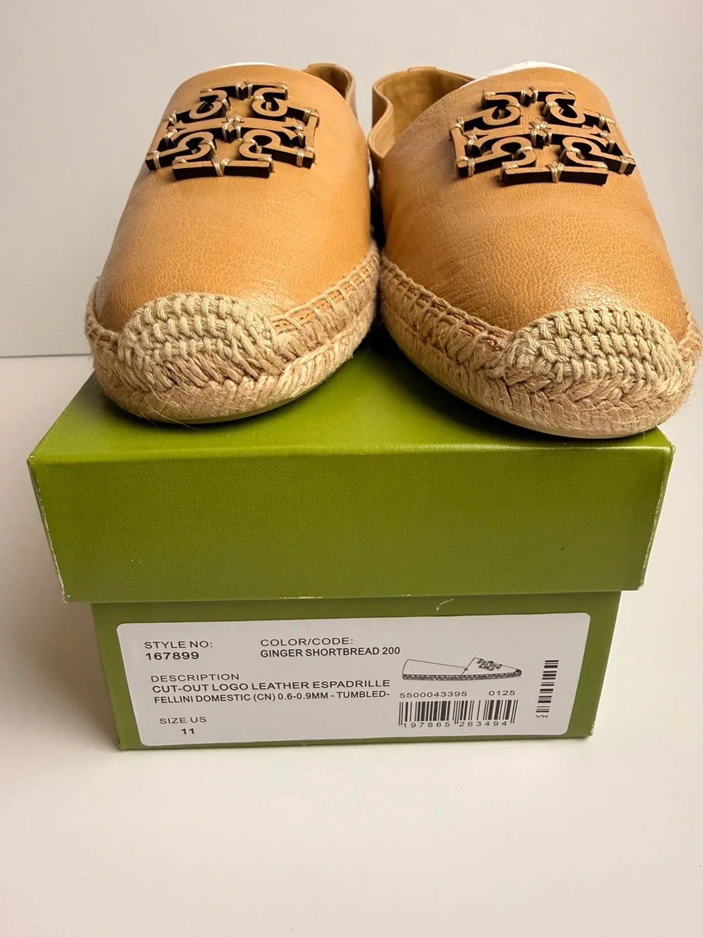 Tory Burch Cut-Out Logo Leather Espadrille Flats Ginger Shortbread US 11